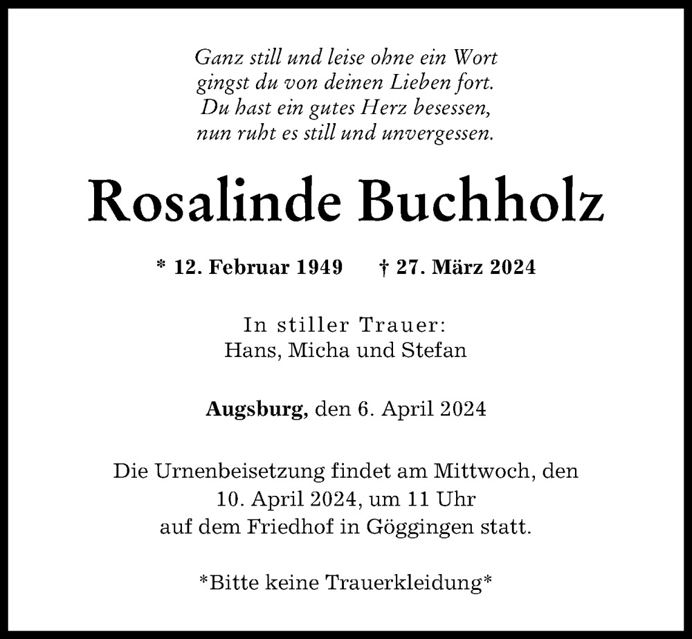 Traueranzeige von Rosalinde Buchholz von Augsburger Allgemeine