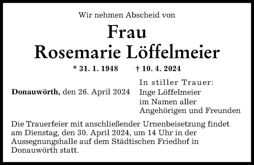 Traueranzeige von Rosemarie Löffelmeier von Donauwörther Zeitung