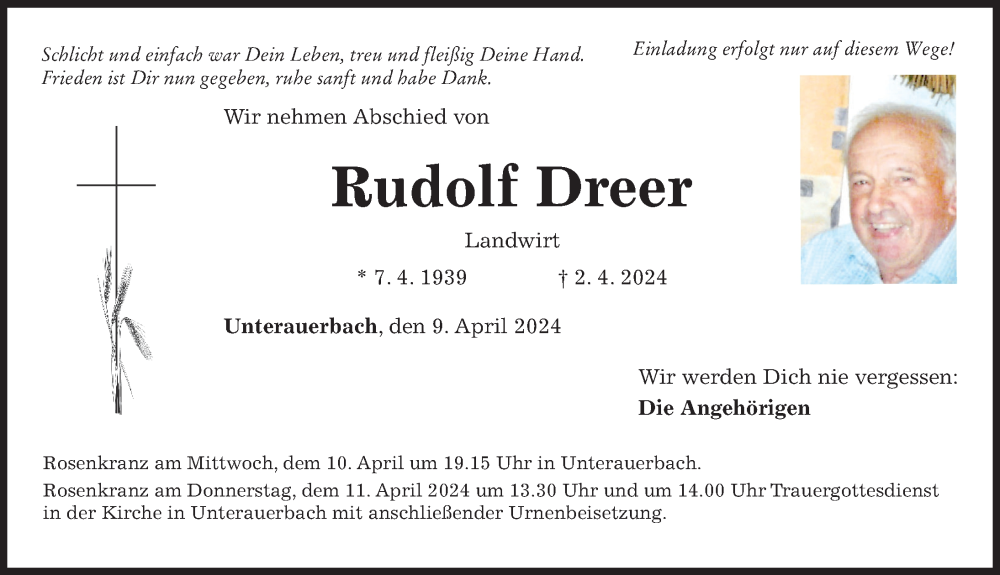 Traueranzeige von Rudolf Dreer von Mindelheimer Zeitung