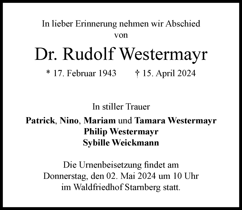 Traueranzeige von Rudolf Westermayr von Augsburger Allgemeine