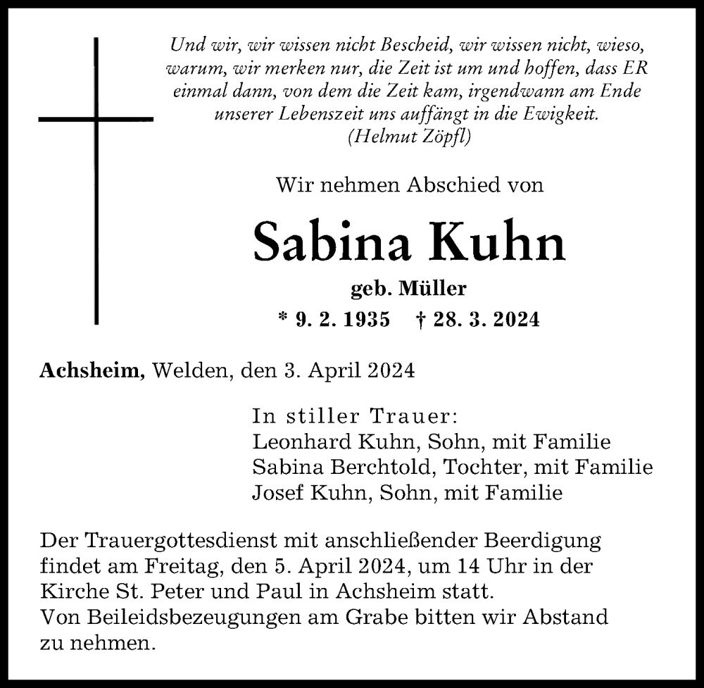 Traueranzeige von Sabina Kuhn von Augsburger Allgemeine