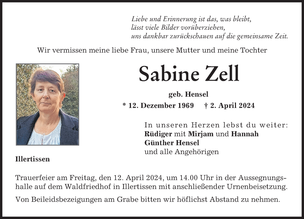  Traueranzeige für Sabine Zell vom 09.04.2024 aus Illertisser Zeitung