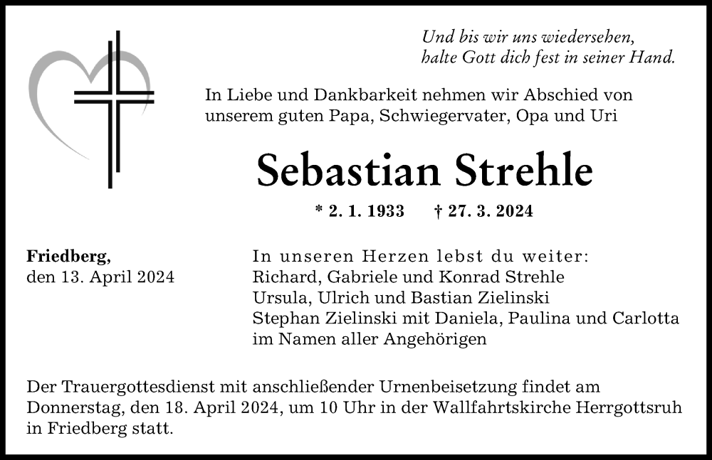Traueranzeige von Sebastian Strehle von Friedberger Allgemeine, Augsburger Allgemeine