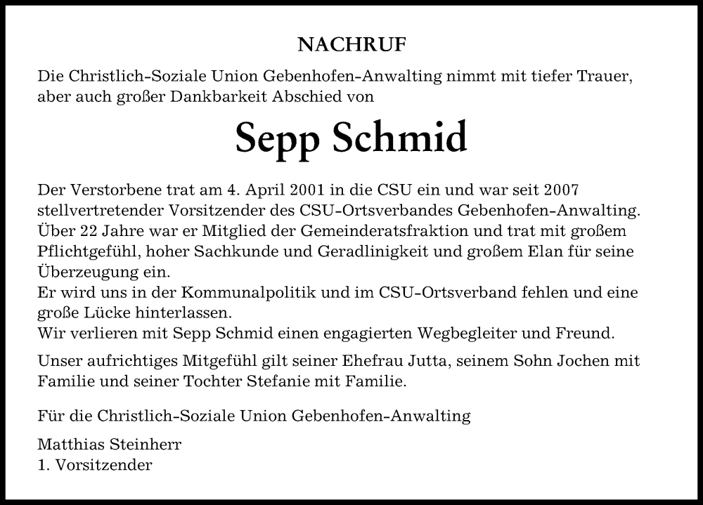 Traueranzeige von Sepp Schmid von Aichacher Nachrichten