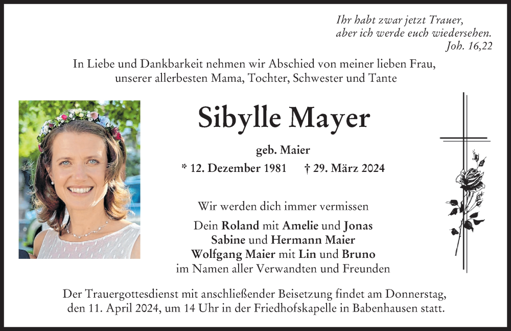  Traueranzeige für Sibylle Mayer vom 06.04.2024 aus Illertisser Zeitung