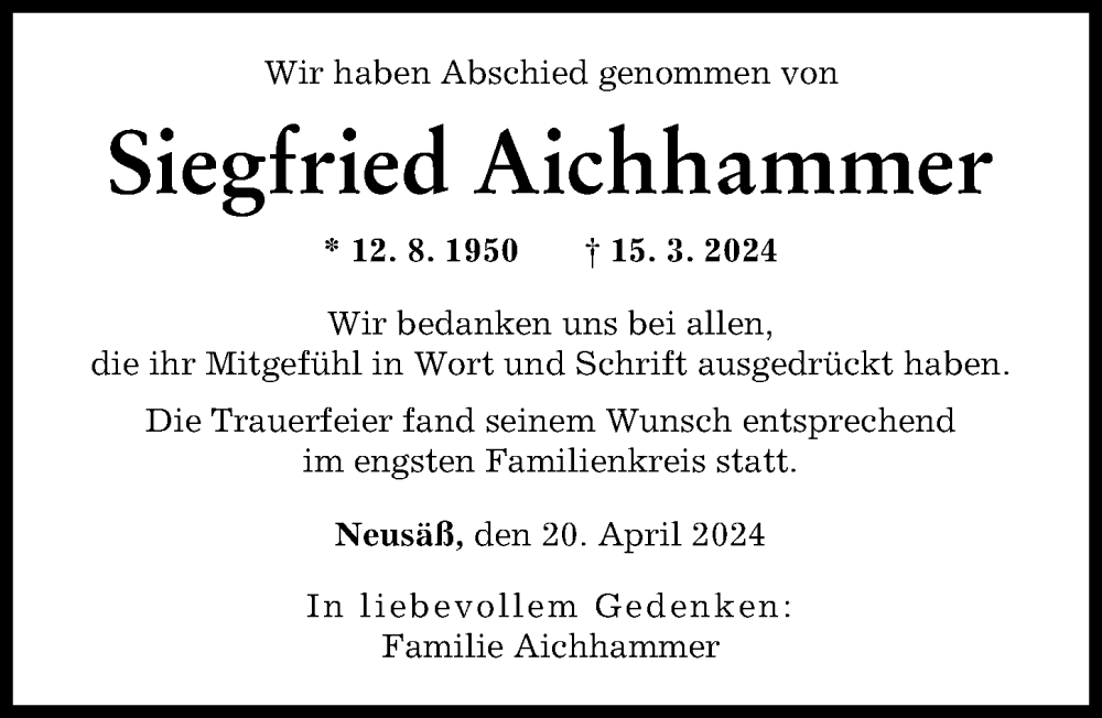 Traueranzeige von Siegfried Aichhammer von Augsburger Allgemeine