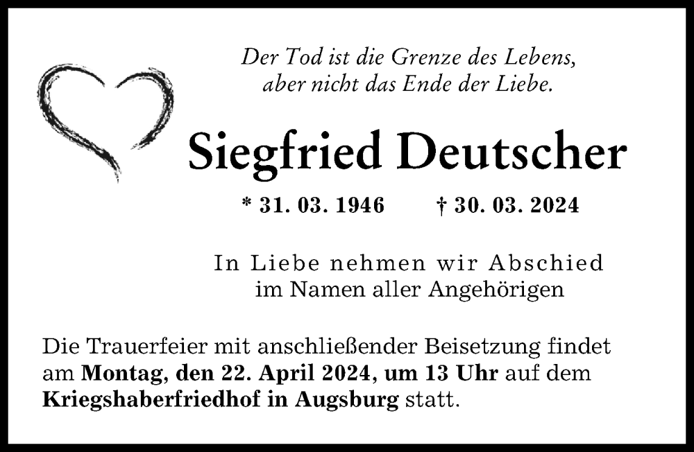 Traueranzeige von Siegfried Deutscher von Augsburger Allgemeine