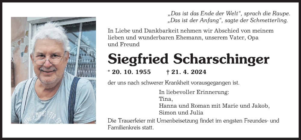  Traueranzeige für Siegfried Scharschinger vom 23.04.2024 aus Augsburg-Land