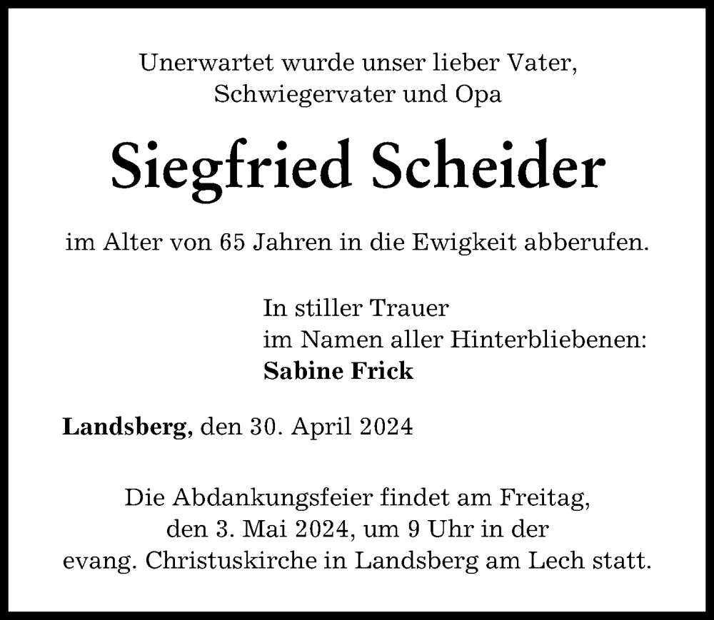 Traueranzeige von Siegfried Scheider von Landsberger Tagblatt