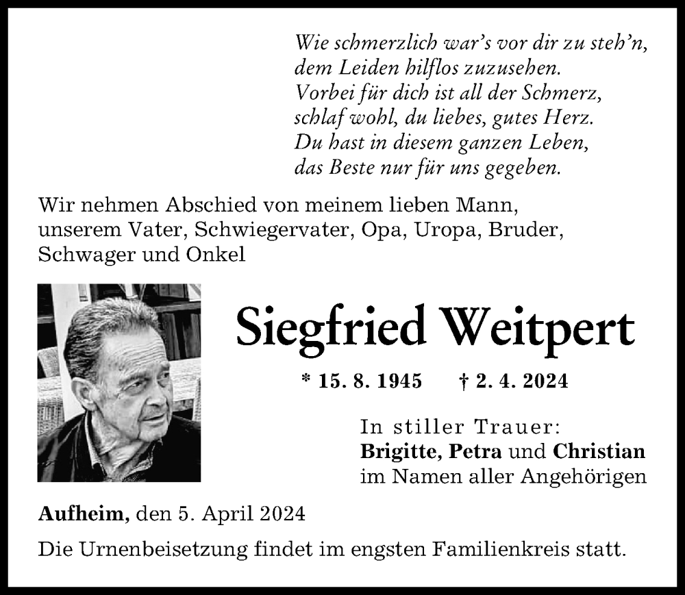 Traueranzeige von Siegfried Weitpert von Neu-Ulmer Zeitung