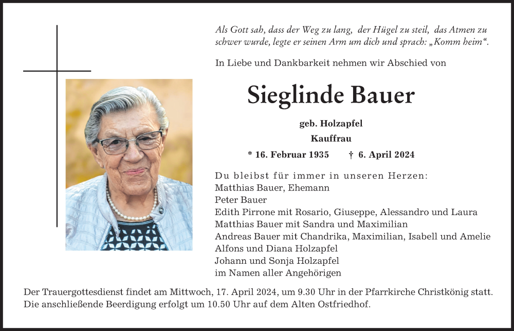 Traueranzeige von Sieglinde Bauer von Augsburger Allgemeine