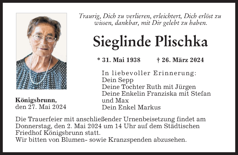 Traueranzeige von Sieglinde Plischka von Augsburger Allgemeine