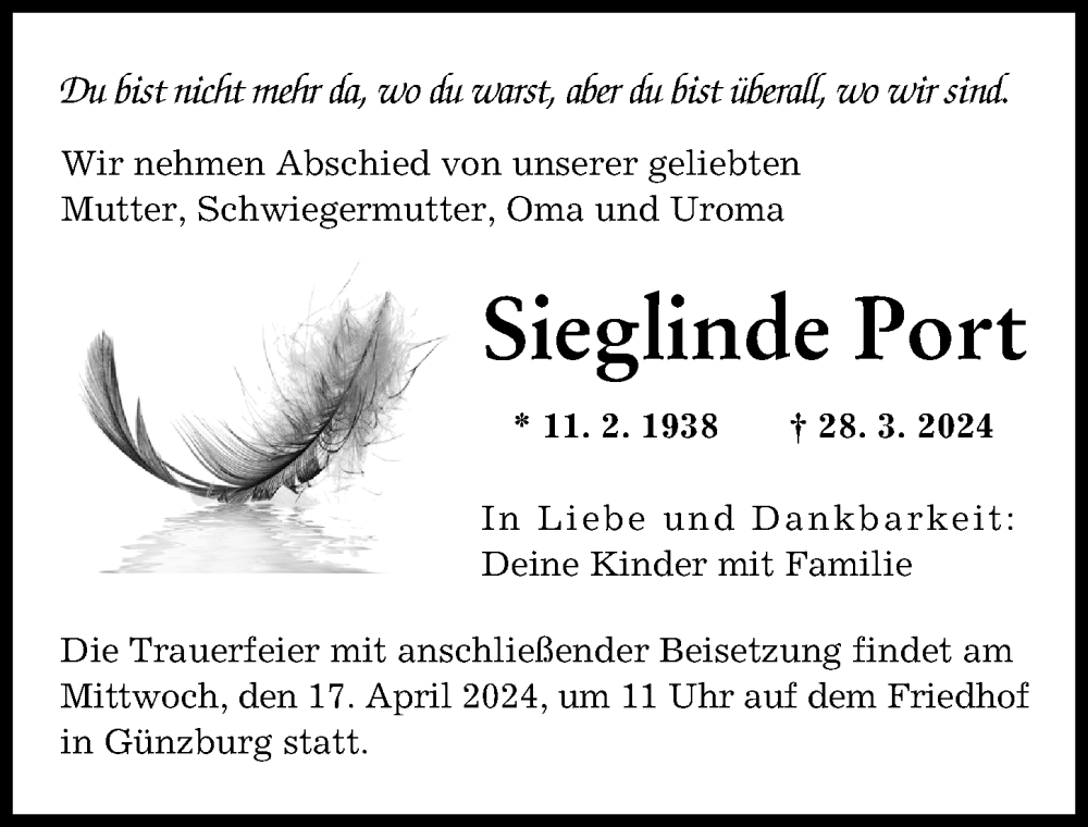 Traueranzeige von Sieglinde Port von Günzburger Zeitung