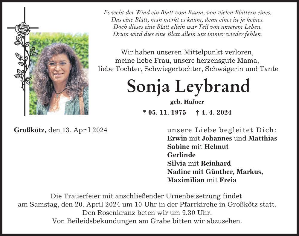  Traueranzeige für Sonja Leybrand vom 13.04.2024 aus Mittelschwäbische Nachrichten, Günzburger Zeitung