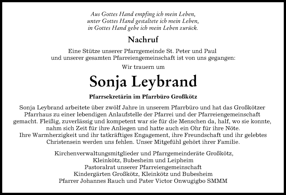 Traueranzeige von Sonja Leybrand von Günzburger Zeitung