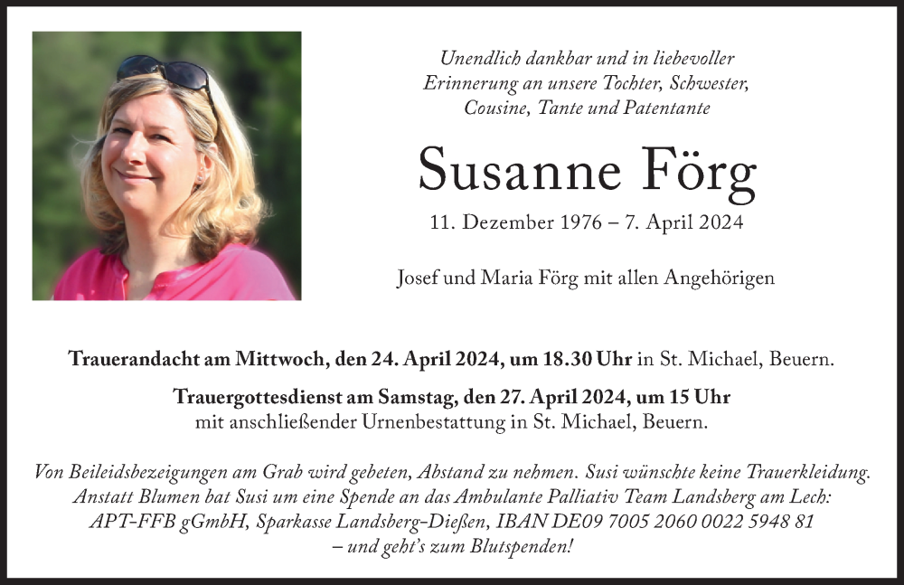  Traueranzeige für Susanne Förg vom 20.04.2024 aus Landsberger Tagblatt