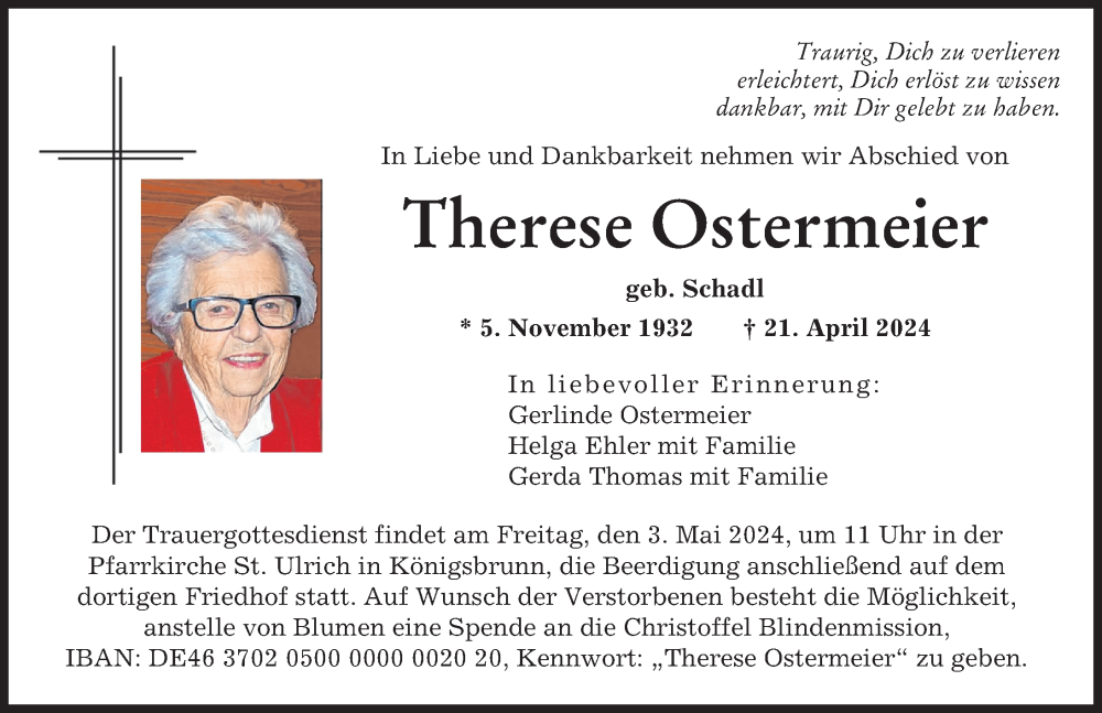 Traueranzeige von Therese Ostermeier von Augsburger Allgemeine