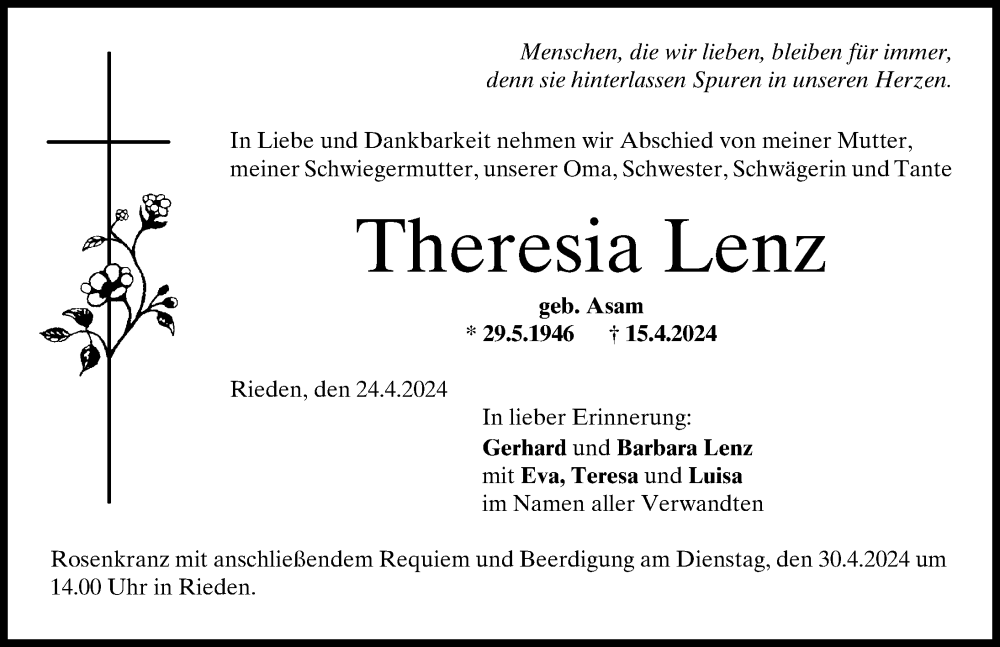 Traueranzeige von Theresia Lenz von Friedberger Allgemeine