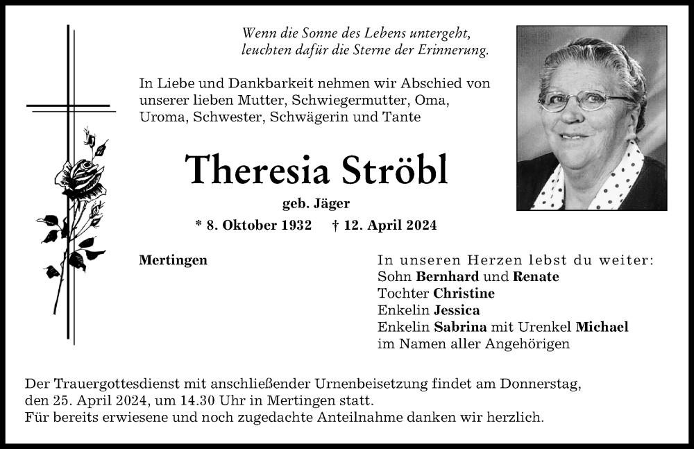 Traueranzeige von Theresia Ströbl von Donauwörther Zeitung