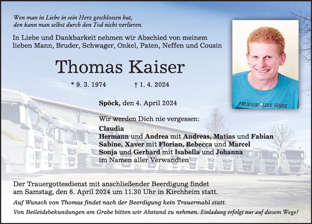  Traueranzeige für Thomas Kaiser vom 04.04.2024 aus Mindelheimer Zeitung