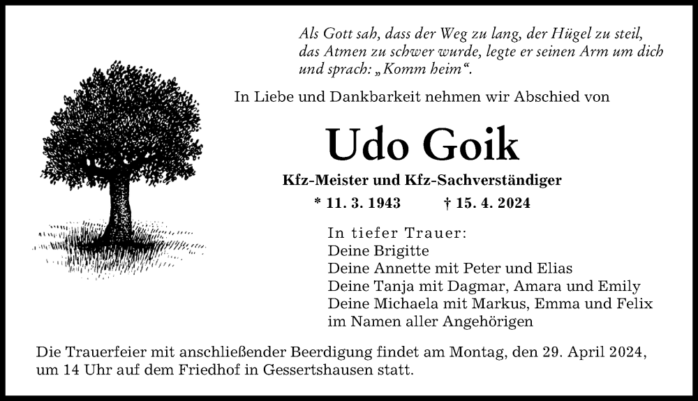 Traueranzeige von Udo Goik von Augsburger Allgemeine