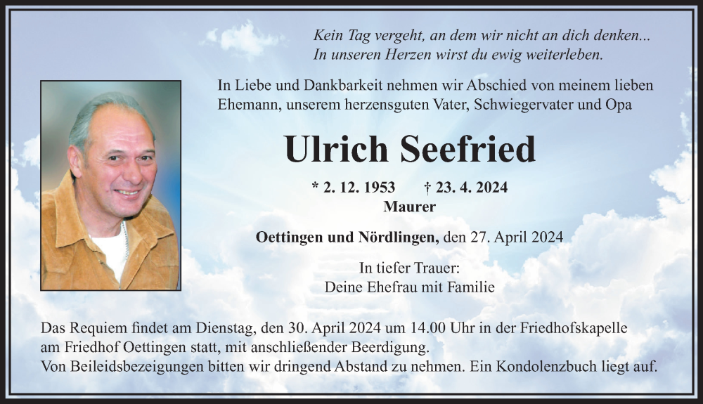  Traueranzeige für Ulrich Seefried vom 27.04.2024 aus Rieser Nachrichten