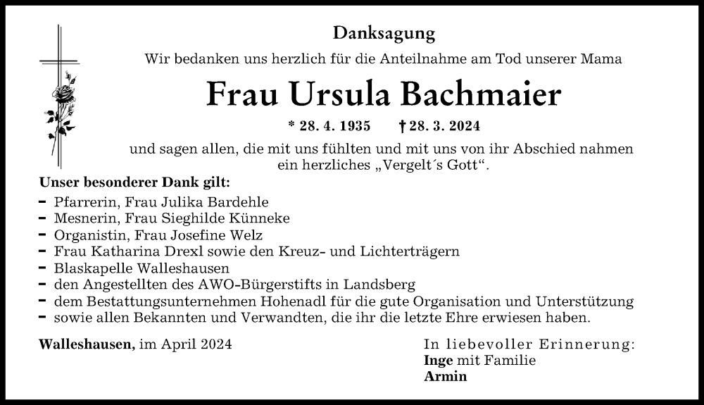 Traueranzeige von Ursula Bachmaier von Landsberger Tagblatt