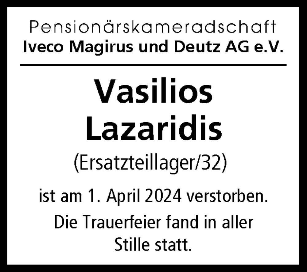 Traueranzeige von Vasilios Lazaridis von Illertisser Zeitung, Günzburger Zeitung, Neu-Ulmer Zeitung