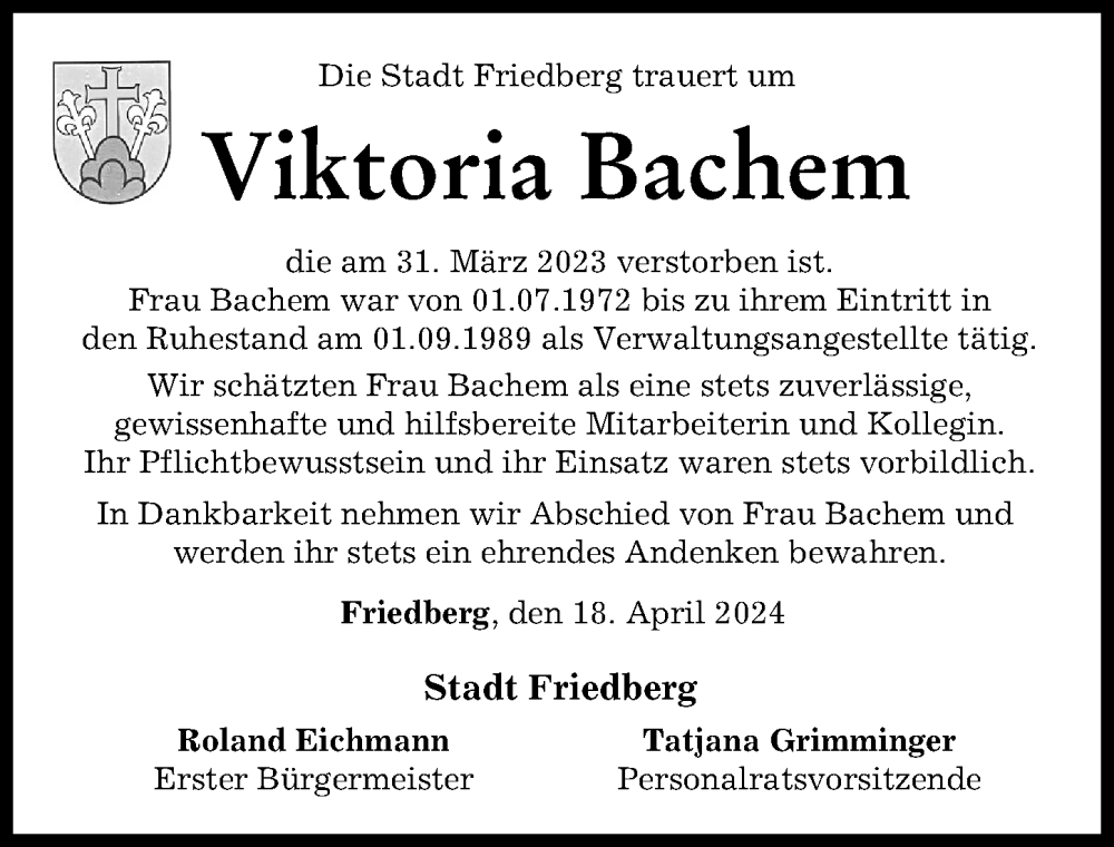 Traueranzeige von Viktoria Bachem von Friedberger Allgemeine