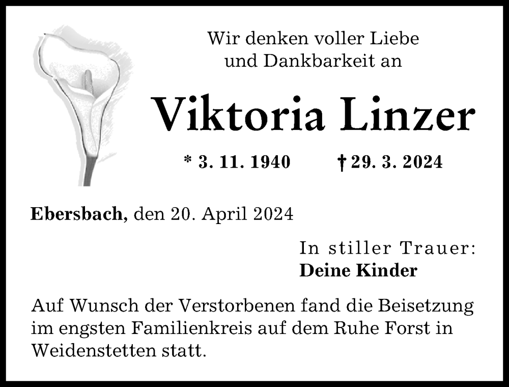 Traueranzeige von Viktoria Linzer von Günzburger Zeitung