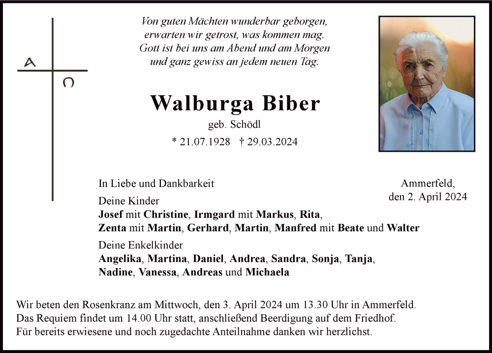 Traueranzeige von Walburga Biber von Neuburger Rundschau