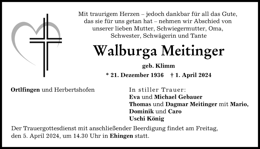Traueranzeige von Walburga Meitinger von Augsburg-Land