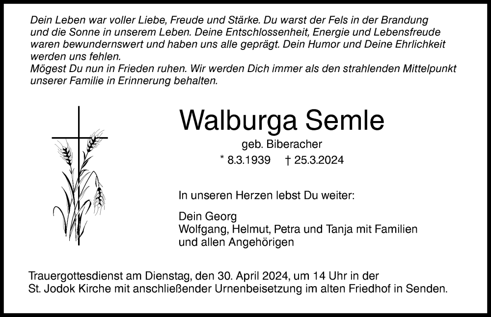 Traueranzeige von Walburga Semle von Augsburger Allgemeine, Neu-Ulmer Zeitung