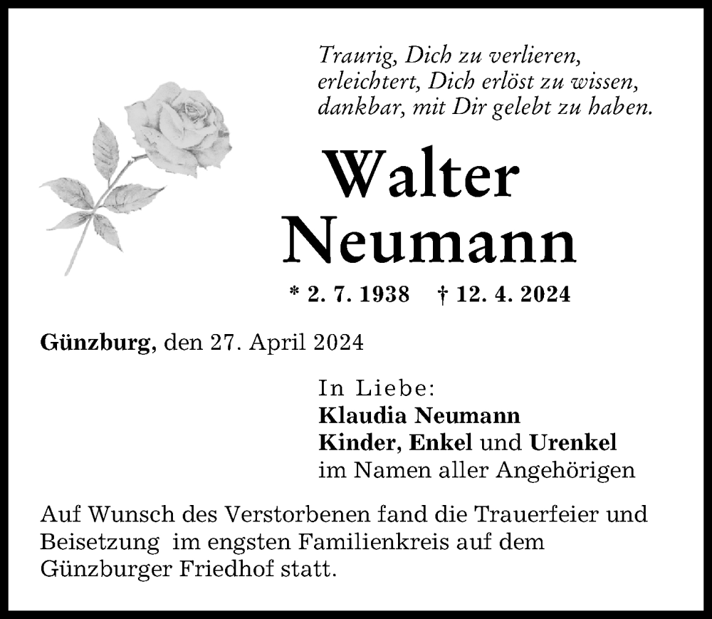 Traueranzeige von Walter Neumann von Günzburger Zeitung