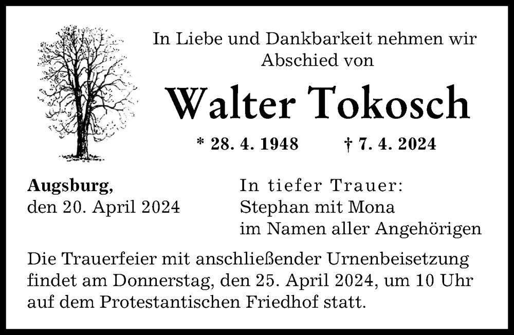 Traueranzeige von Walter Tokosch von Augsburger Allgemeine