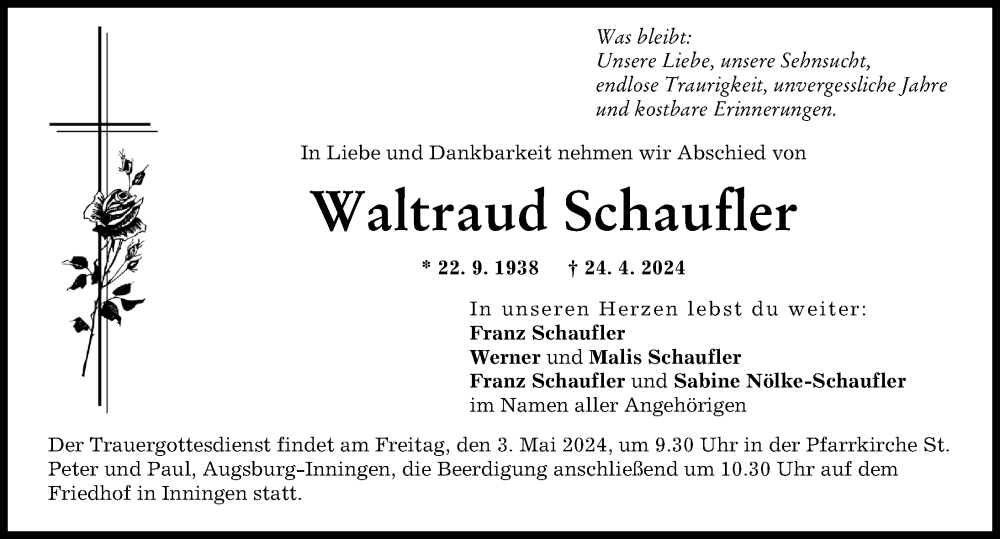 Traueranzeige von Waltraud Schaufler von Augsburger Allgemeine