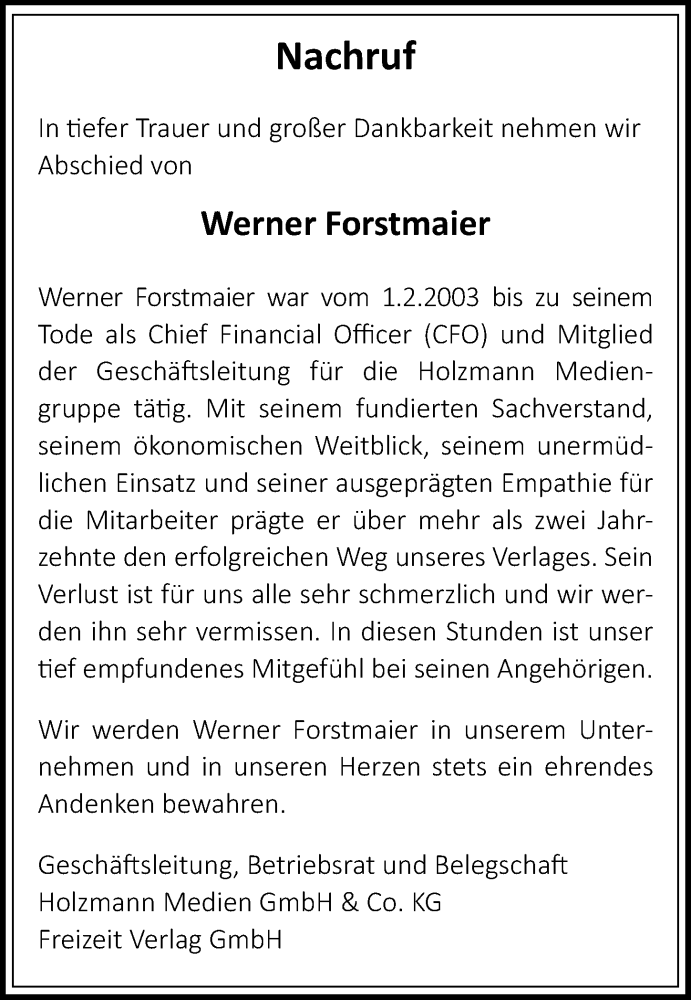 Traueranzeige von Werner Forstmaier von Augsburger Allgemeine, Mindelheimer Zeitung