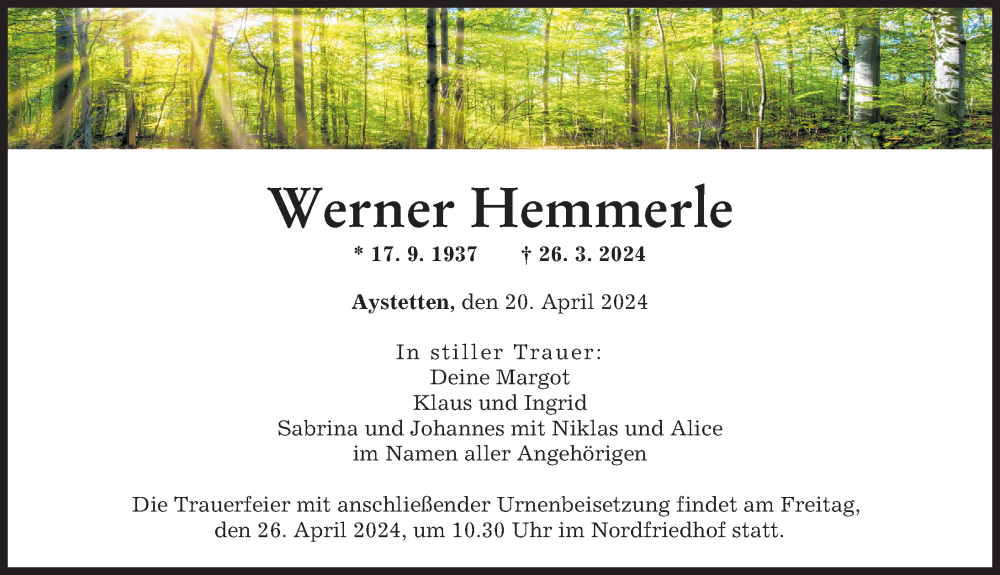 Traueranzeige von Werner Hemmerle von Augsburger Allgemeine