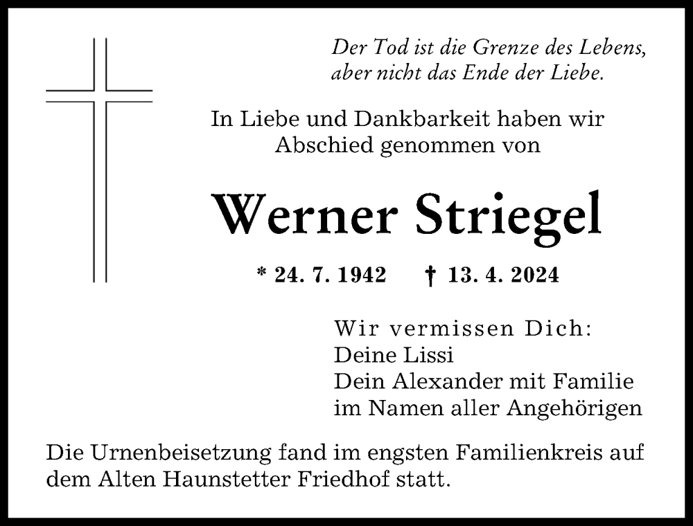 Traueranzeige von Werner Striegel von Augsburger Allgemeine