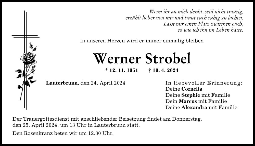 Traueranzeige von Werner Strobel von Augsburg-Land