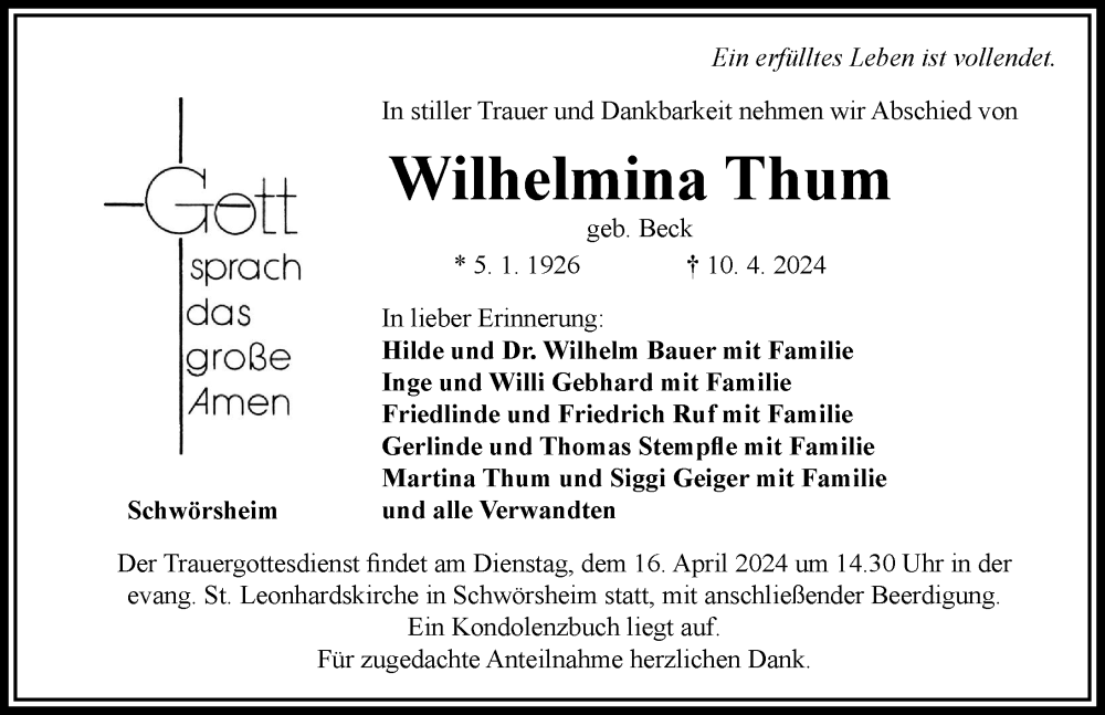 Traueranzeige von Wilhelmina Thum von Rieser Nachrichten
