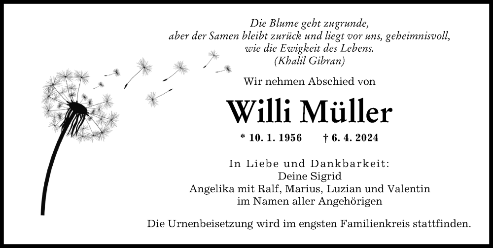  Traueranzeige für Willi Müller vom 13.04.2024 aus Augsburger Allgemeine