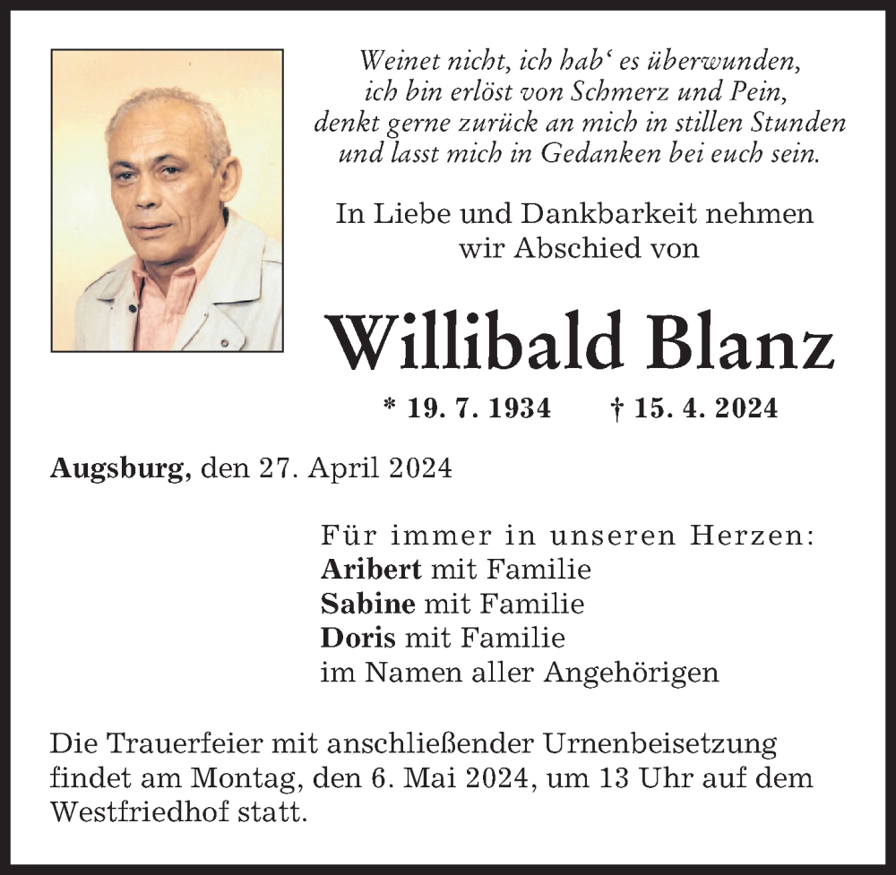 Traueranzeige von Willibald Blanz von Augsburger Allgemeine