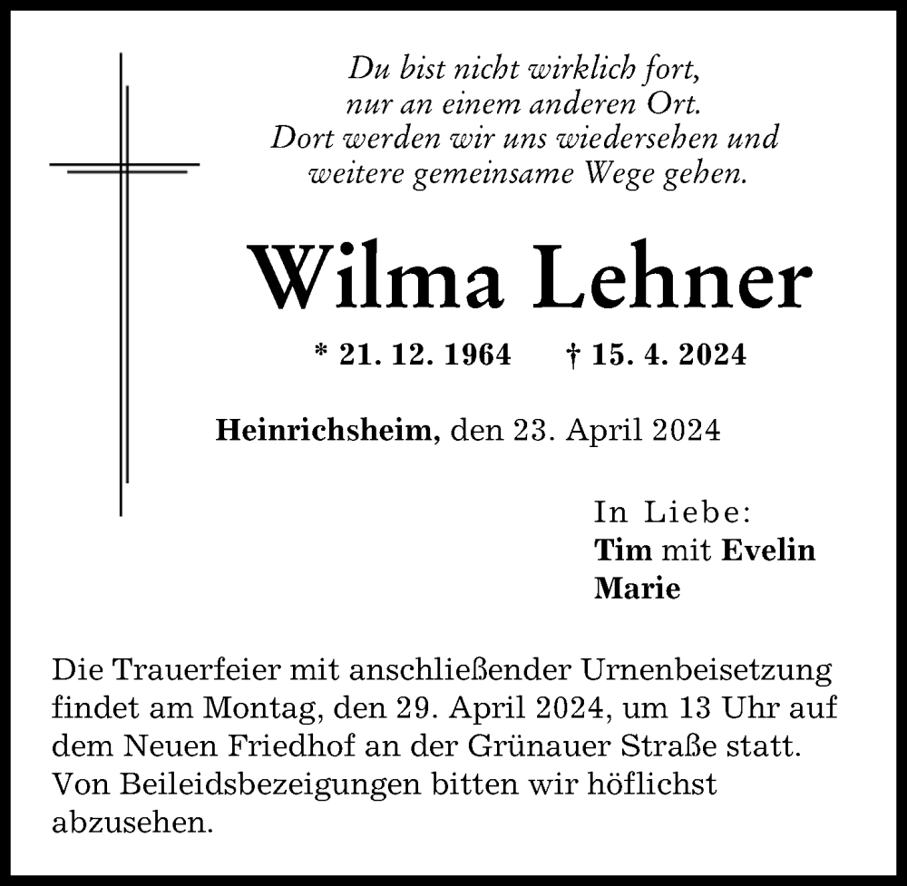 Traueranzeige von Wilma Lehner von Neuburger Rundschau