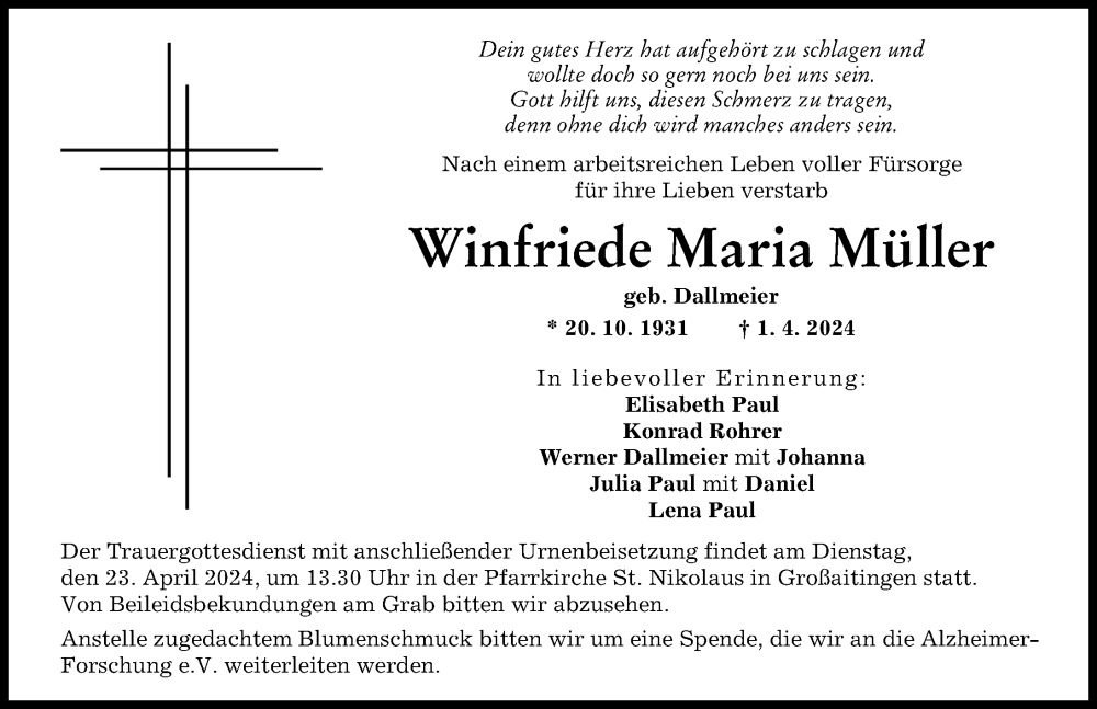 Traueranzeige von Winfriede Maria Müller von Schwabmünchner Allgemeine