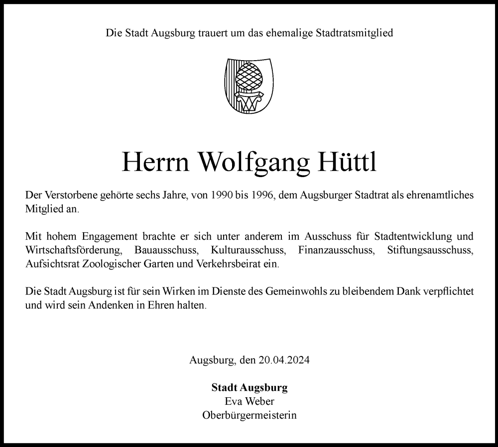 Traueranzeige von Wolfgang Hüttl von Augsburger Allgemeine