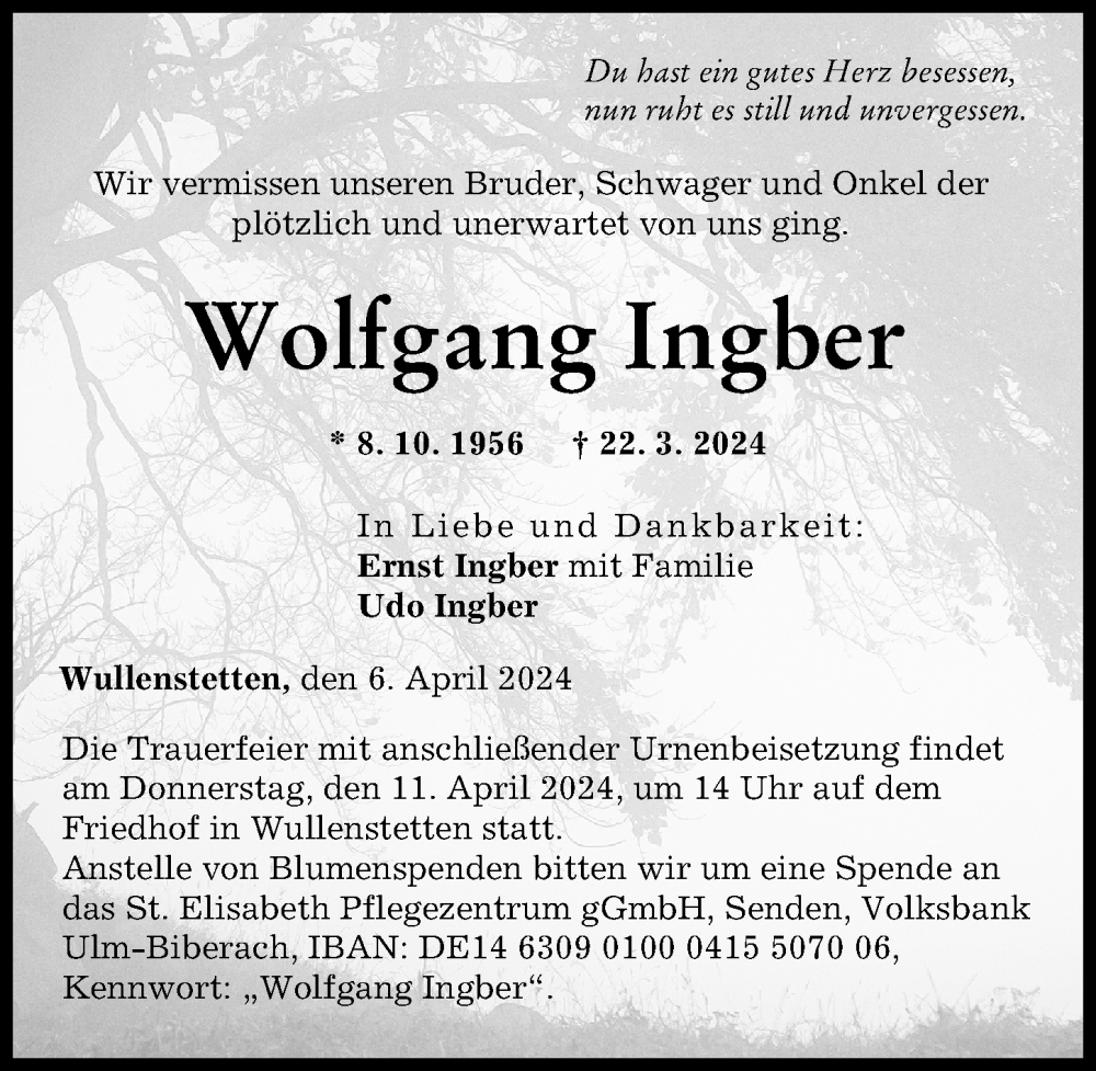 Traueranzeige von Wolfgang Ingber von Neu-Ulmer Zeitung