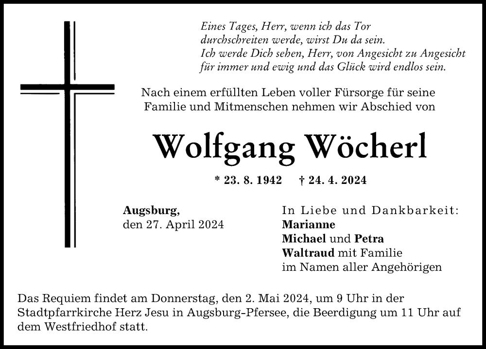 Traueranzeige von Wolfgang Wöcherl von Augsburger Allgemeine