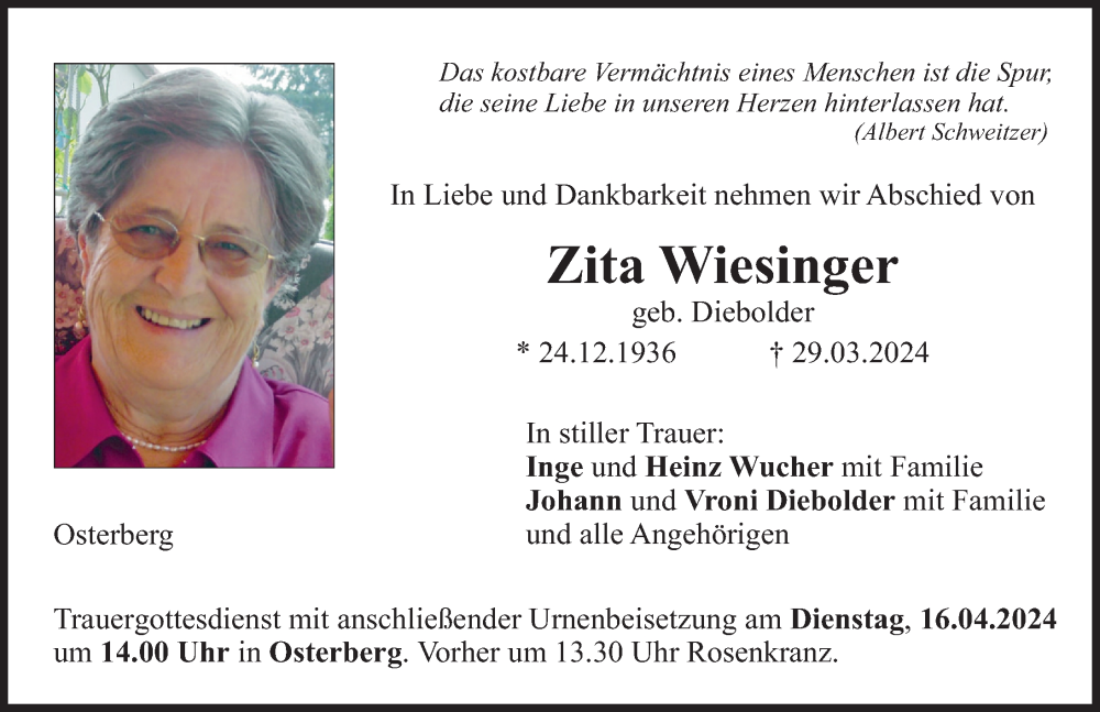  Traueranzeige für Zita Wiesinger vom 11.04.2024 aus Illertisser Zeitung