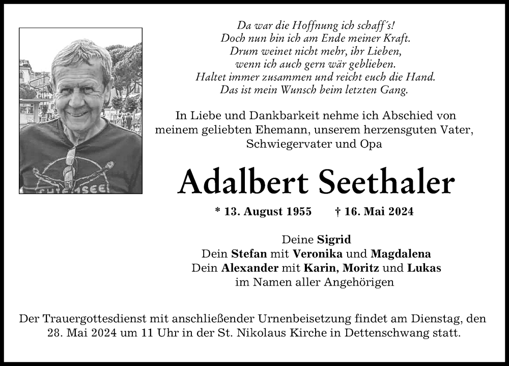  Traueranzeige für Adalbert Seethaler vom 22.05.2024 aus Landsberger Tagblatt